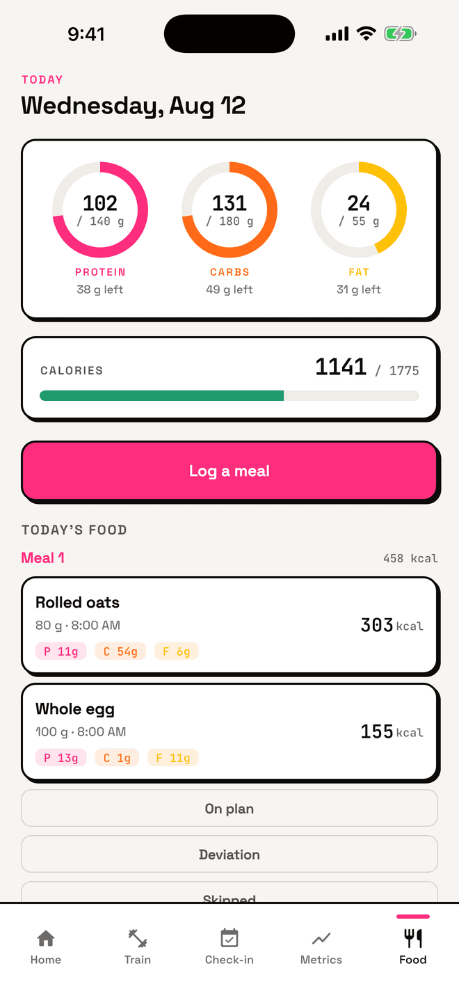 The HotMomz app's food tab: protein, carb and fat rings showing grams left, calories for the day and today's meals
